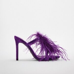 Feather-Trim Purple High Heel Mule - Women's